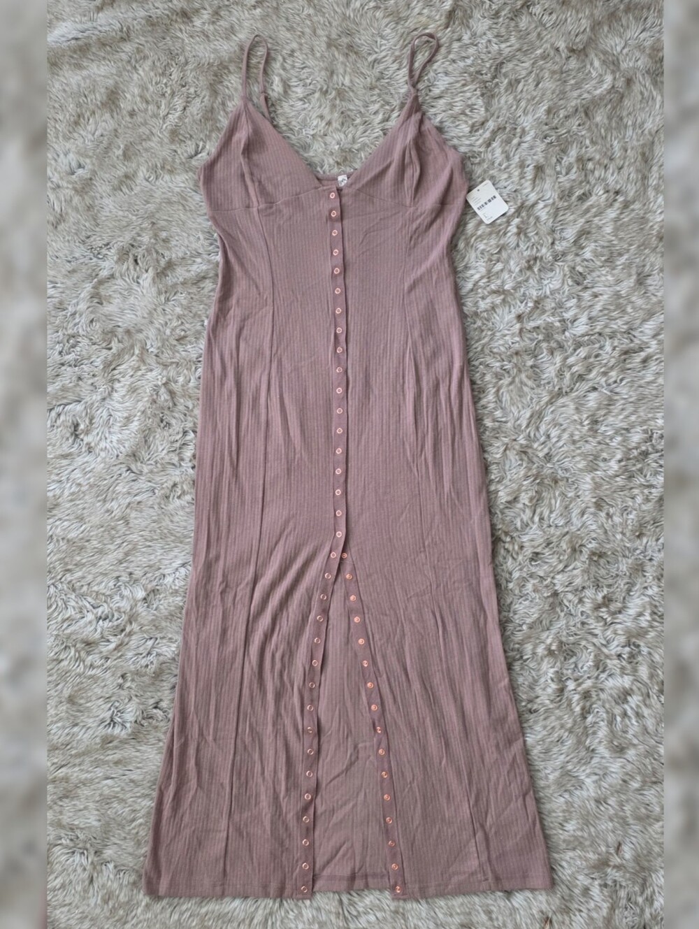 Free People FP Intimately Ribbed Button-Down Midi Dress Dusty Rose Brown Large